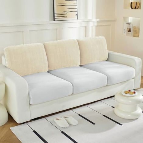 Superelastischer Chenille-Rückenkissenbezug, geeignet für Dreisitzer-Sofas, beige (3-teiliges Set), kompatibel mit Standard-Sofas.