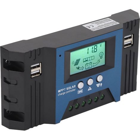 Régulateur de charge solaire 12V/24V avec 4 ports USB, paramètres réglables 5V/2,5A, écran LCD, convient aux applications domestiques, de camping-car et marines, 100A. (1/5)