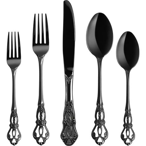 Ménagère Royal Black 20 pièces, en acier inoxydable noir, pour 4 personnes. Comprend un couteau et une fourchette. Finition polie brillante, compatible lave-vaisselle. Idéale pour les mariages, les ba (1/5)