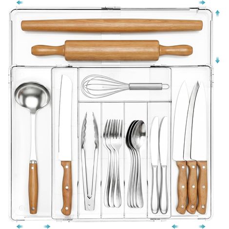 Range Couverts pour Tiroir, 6-9 Compartiments Range Cuisine Extensible pour Ustensiles, Plastique Rangement Couvert pour Cuillères, Fourchettes, Couteaux, Transparent (1/5)