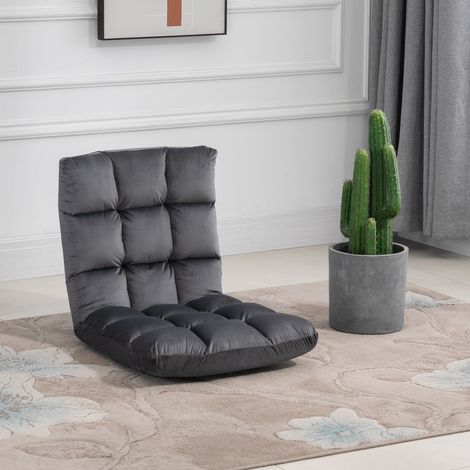 Fauteuil, matelas d'appoint, chaise de sol, dossier réglable, aspect velours, 55 cm x 71 cm x 53,5 cm, gris (1/5)