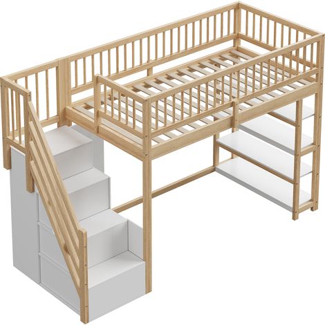 Hochbett 90 x 200 cm mit Kleiderschrank, Regalen und Sicherheitsleiter, Holzfarbe, MODENUIT (1/5)