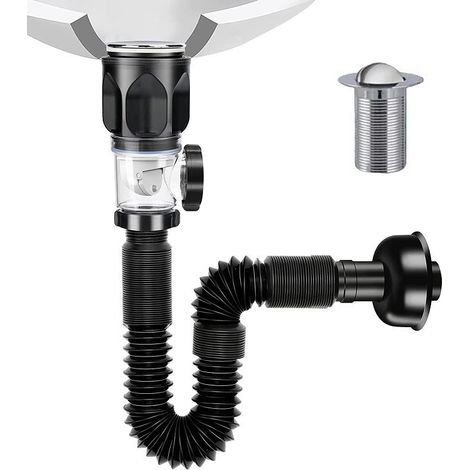 Black washbasin drain pipe with overflow hole, suitable for kitchens, washbasins and bathrooms. (1/5)
