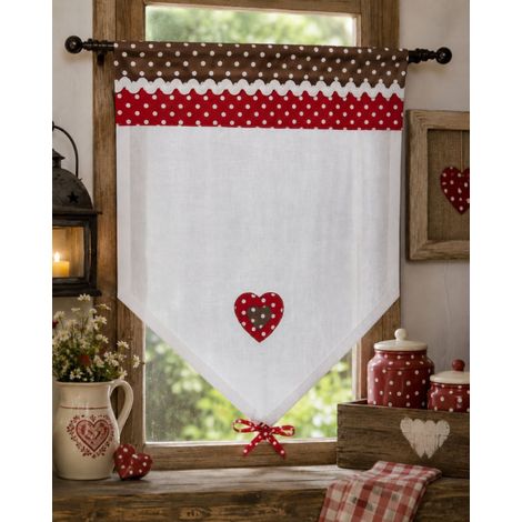 Brise-bise en étamine avec passe-tringle – Cœur à pois style campagne chic - 60x75cm - Blanc