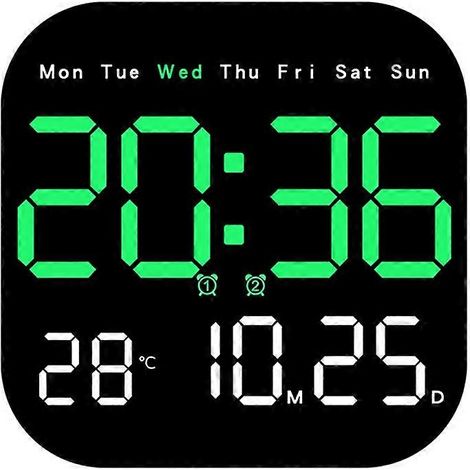 Horloge murale numérique avec affichage de la température, de la date et du jour de la semaine horloge de bureau électronique avec système 12/24 heures réveil mural à LED télécommande. (1/5)