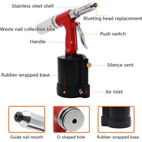 Rivettatrice pneumatica - 3,2-6,4 mm - Rivettatrice pneumatica ad aria compressa - Rivettatrice per rivetti ciechi - Utensile per l'installazione di rivetti ciechi - Rivettatrice - Utensile manuale