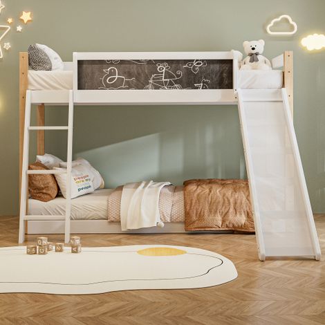 old SKU:W1880S00036 Etagenbett für Kinder mit Rutsche & Treppe, stabilem Wood+PB-Rahmen, 4-seitigem Schutzgitter, umweltfreundlich 747-zertifiziert, passend für 90×200 & 90×190 cm Matratzen, einfache (1/4)