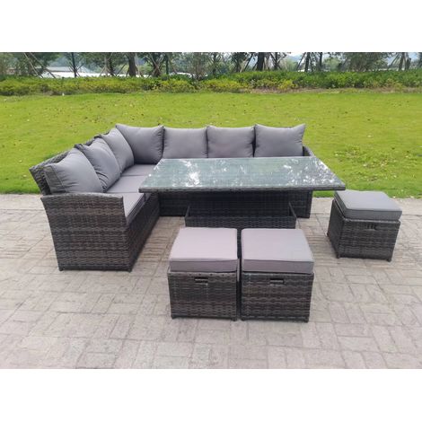 Fimous Hoher Rücken Gartenmöbel-Set Höhenverstellbarer Esstisch 9 Sitzer 3 Kleiner Hockern (1/3)