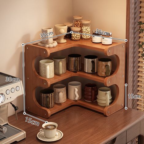 Étagère de rangement d'angle sur plan de travail en bois à trois étages, organisateur pour mugs, tasses à café, pots alimentaires, gain de place pour coin‑café buffet 35x15x30cm (1/5)