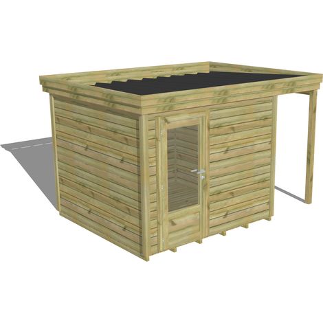 ABRI DE JARDIN bois Pin autoclave 27mm - 3,64x2,64m / 9,6m2 - Bac acier - Plancher bois