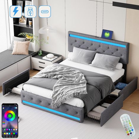 Doppelbett 160x200cm, mit 4 Schubladen, LED-Beleuchtung, Lattenrost, USB-Ladefunktion Typ C, Leinenstoff, Erwachsenenbett im modernen Stil - grau