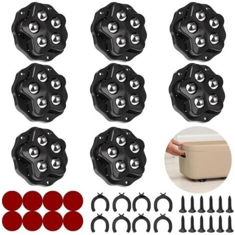 Mini roulettes pour meubles.8 roulettes à 5 billes chacune, capacité 300KG, avec adhésif et vis. Roue mobile universelle 360, roulette de meuble pour charges lourdes (Noir : 8 Pièces) (1/5)
