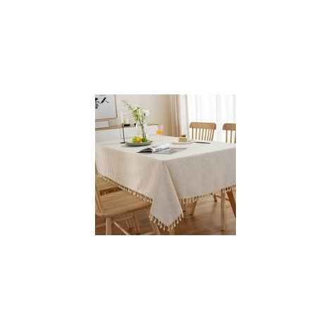 Nappe Lavable Rectangulaire 130x180cm, Nappe Lin Anti Tache Couleur Unie avec Pompons Nappe Table Exterieur (1/5)