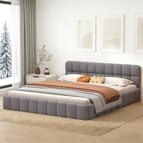Lit adulte 160x200 cm, Lit double capitonné avec dossier moelleux, Lit plat avec sommier à lattes en bois, Lit bubble bas,  Style scandinave, Lin, Gris