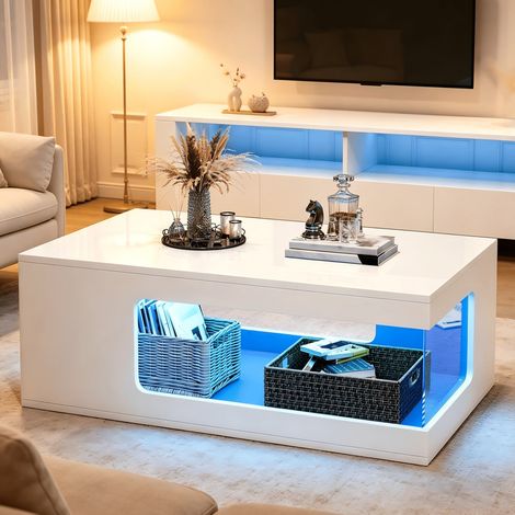 Table basse 100 x 50 x 35 cm brillante avec rangement central creux, étagères latérales en verre trempé et éclairage LED – en panneau de particules, pour salon (1/5)