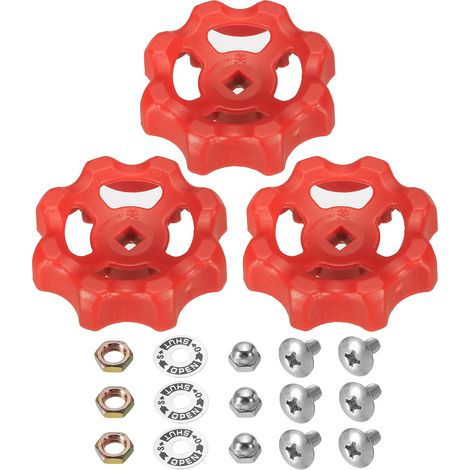 Poignée de Robinet Extérieur Trou de Tige Carrée 6x6mm, Poignées de Robinet de Roue Ronde en Abs de Remplacement Poignée de Robinet d'Eau avec Vis et Entretoises, Rouge, 3 Pièces (1/5)