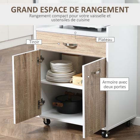 Chariot de cuisine - Modèle Élégant - Blanc et Chêne Clair - Rangement Polyvalent avec Tiroir, Placard 2 Portes et Étagère Réglable (1/5)