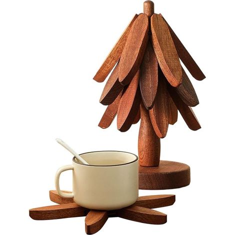 Support d'arbre en bois en cinq pièces + base, tapis anti-brûlure résistant à la chaleur pour casseroles chaudes, tasses et théières (1/5)