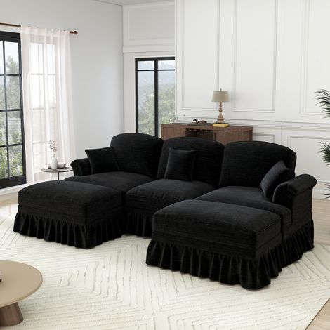 Canapé modulaire en U en chenille, accoudoirs entonnoir, ceinture à volants & pouf amovibles, pieds fuselés – canapé profond et moelleux pour salon, noir (1/4)