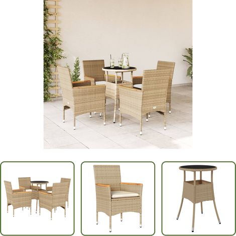 Gartenessgruppe - 5-tlg. Garten-Essgruppe mit Kissen Beige Poly Rattan und Glas (1/5)