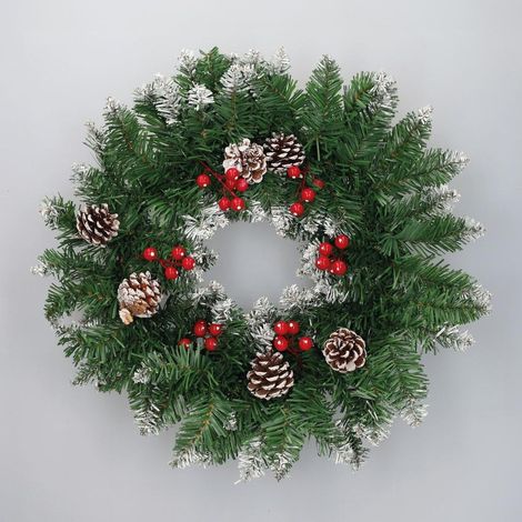 Corona de Navidad "Baliti" efecto nieve con acebo y piñas Ø50cm color verde blanco marrón y rojo (no iluminada) (1/5)