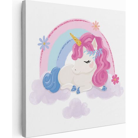 Tableau toile Enfants Carré - Licorne Arc-en-ciel - 50x50 cm (1/2)