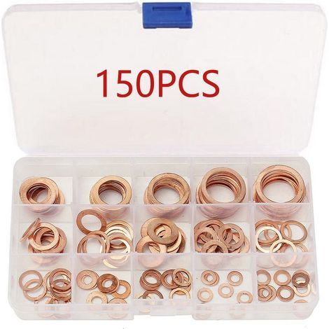 150pcs Rondelle Cuivre Joint Vidange Assortiment Kit M5, M6, M8, M10, M12, M14,M16,M18,M20,M22, 15 Tailles,Rondelle Plate pour L'étanchéité des Vis Bagues D'étanchéité (1/5)