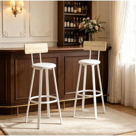 Set di 2 sgabelli da bar con schienale e poggiapiedi, altezza seduta 75,5 cm, bianco e effetto legno (1/5)