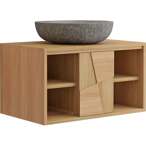 Mobile bagno sospeso in teak con lavabo da appoggio rotondo in pietra di fiume grigia L80 cm - SUMBAWA (1/5)
