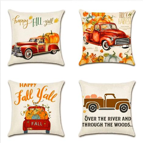 Housse de coussin pour Thanksgiving, lot de 4, en coton et lin, motif automne, pour canapé, voiture ou maison, 45 x 45 cm (citrouille et camion). (1/4)