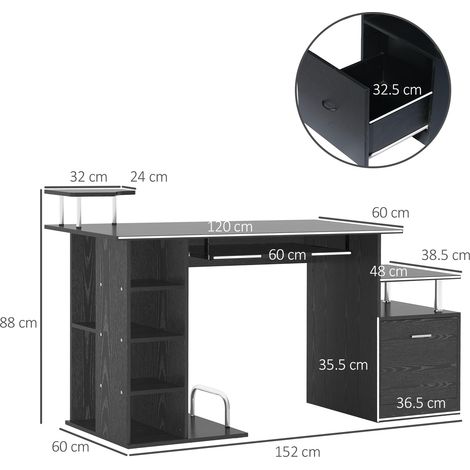 Escritorio moderno para ordenador con cajones, estantes y teclado extraíble, escritorio de oficina en casa de madera negra de 152x60x88cm. (1/5)