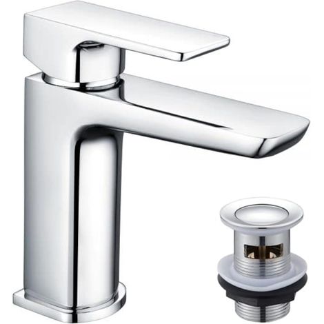 Robinet mitigeur monocommande à levier unique avec bonde à ressort clic-clac pour évier de salle de bain robinet chaud et froid en laiton massif moderne chromé facile à installer (1/4)