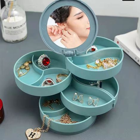 Boîte de rangement rotative pour bijoux à 4 niveaux (avec miroir), boîte à boucles d'oreilles, petite boîte à bijoux pour femme, conteneur de rangement
