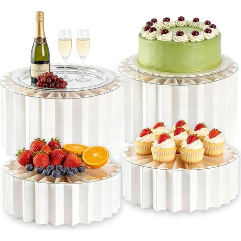 Lot de 4 Rehausseurs de Buffet, 10cm, 20cm Presentoir Aperitif Buffet Pliable, Présentoirs à Gâteaux Pliables en Acrylique et Carton, Présentoirs Blancs Cylindriques en Carton pour Buffet Mariage (1/5)