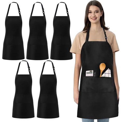 Lot de 5 tabliers de cuisine, noirs, réglables, avec poches, pour barbecue, cuisine, restaurant, café, travaux ménagers (1/5)
