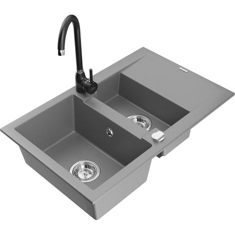 Mexen Gaspar lavello in granito a 1,5 vasche con sgocciolatoio e rubinetto da cucina Telma, grigio - 6507-71-670200-70 (1/5)