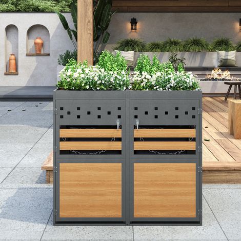 Mülltonnenbox 2er mit Pflanzdach 132x80x125 cm, für 2x 120-240 L Mülltonnen, verzinkter Stahl, Anthrazit mit Türen in Holzoptik
