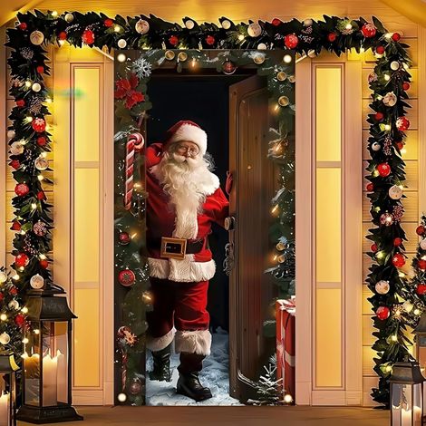 Stickers de porte de Noël, décorations de porte Père Noël, décorations de fête du Nouvel An, décorations de fêtes, banderoles/décorations de porte - 90 x 180 cm (avec trous et ruban) - Lot de 2
