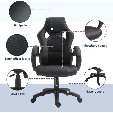 Fauteuil gaming noir réglable en hauteur, chaise pivotante de bureau 71x61x108-118 cm, dossier inclinable et basculant. (1/5)