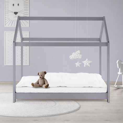 ML-Design Cama Infantil Casa Gris Claro 70x140 cm de Madera de Pino con Techo y Somier Estructura de Listones, Cuna de Suelo Maciza en Forma de Casita de Juego Juvenil Mobiliario para Niño y Bebé (1/5)
