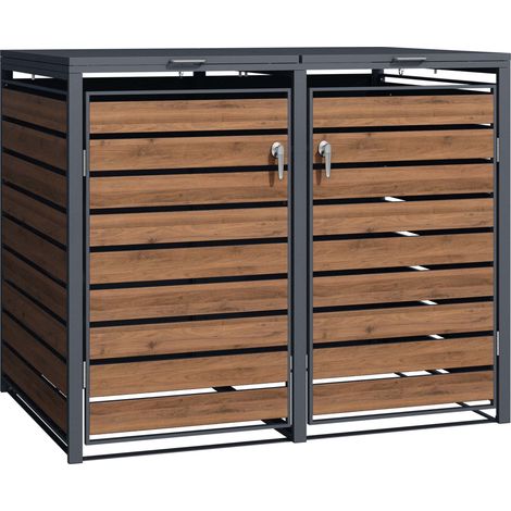 Wiltec Cobertizo para 2 contenedores de basura aspecto madera exterior almacenamiento tapa abatible