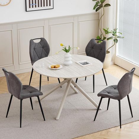 Essgruppe: Runder Tisch (115cm) mit 4 Stühlen, Steinoptik, Leinenbezug, Hellgrau/Grau (1/5)