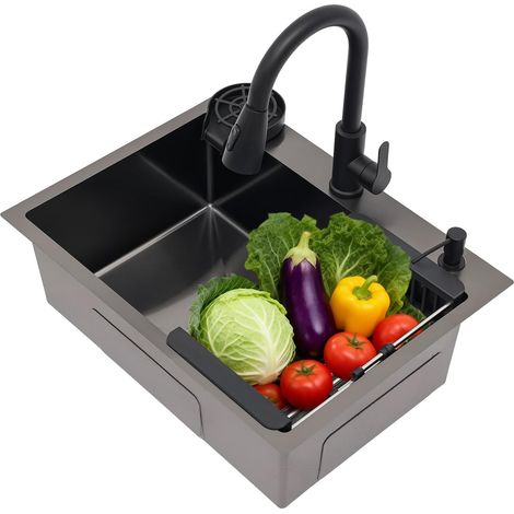 HAUTOUR Évier de cuisine - 60x45cm - En acier inoxydable - Évier de cuisine intégré - Extensible à 360 ° - Avec évier + panier de vidange + distributeur de savon pour de cuisine, sous-meuble (1/5)
