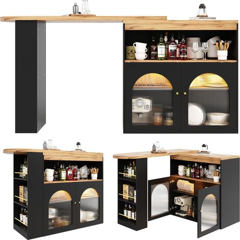 Table Bar Extensible Noir, Rangement, Rotation 360 Degres, Portes Vitrées, Éclairage LED, Confort, Solide - MDF - 138-193x39x105cm (1/5)