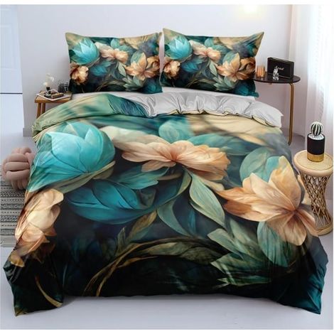 Housse de Couette 220x240 3D Fleurie Vert Gris Parure de Lit en Microfibre Motif Fleurs Adulte 2 Taies d'oreiller 65x65cm - HEC (1/4)