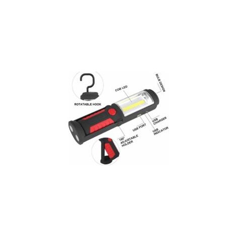 Torcia a LED ricaricabile tramite USB con base magnetica, luce LED da 500 lm e 3 W per auto, garage, officina, campeggio, fai da te (rossa) - Crezuo