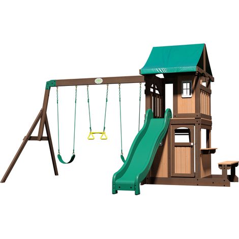 Maisonnette en bois Lakewood avec balançoires et toboggan 244 cm – Bois de cèdre résistant aux intempéries – Application BILT pour montage facile – Backyard Discovery