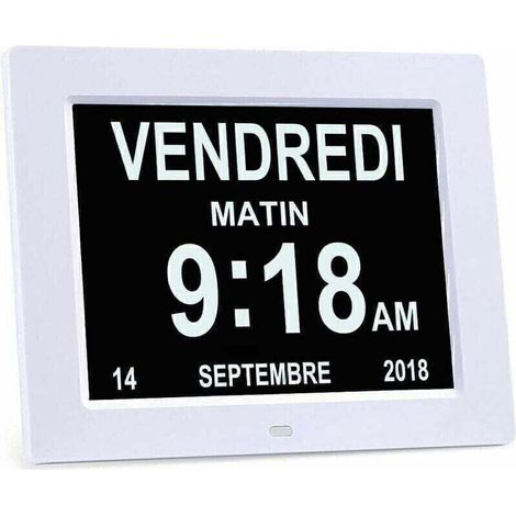 Reloj digital GABRIELLE con calendario LCD de 8" con fecha, día y hora Reloj para personas mayores con Alzheimer, ideal para padres (blanco)