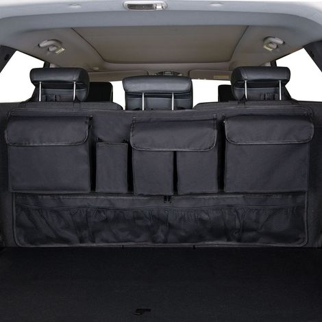 Organisateur de coffre suspendu, sac de rangement épais pour coffre de voiture avec filet élastique robuste, sac de rangement de coffre avec couvercles, gain de place optimal - Noir (1/4)