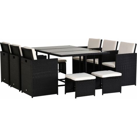 Rattan Dining Set Garden Furniture Patio set 11 PC with Cushion Black /Milk White